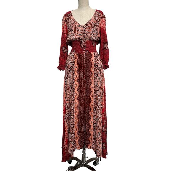 Free People Small Mexicali Rose Maxi Dress Strawberry Mixed Print Boho Romantic - Picture 2 of 16